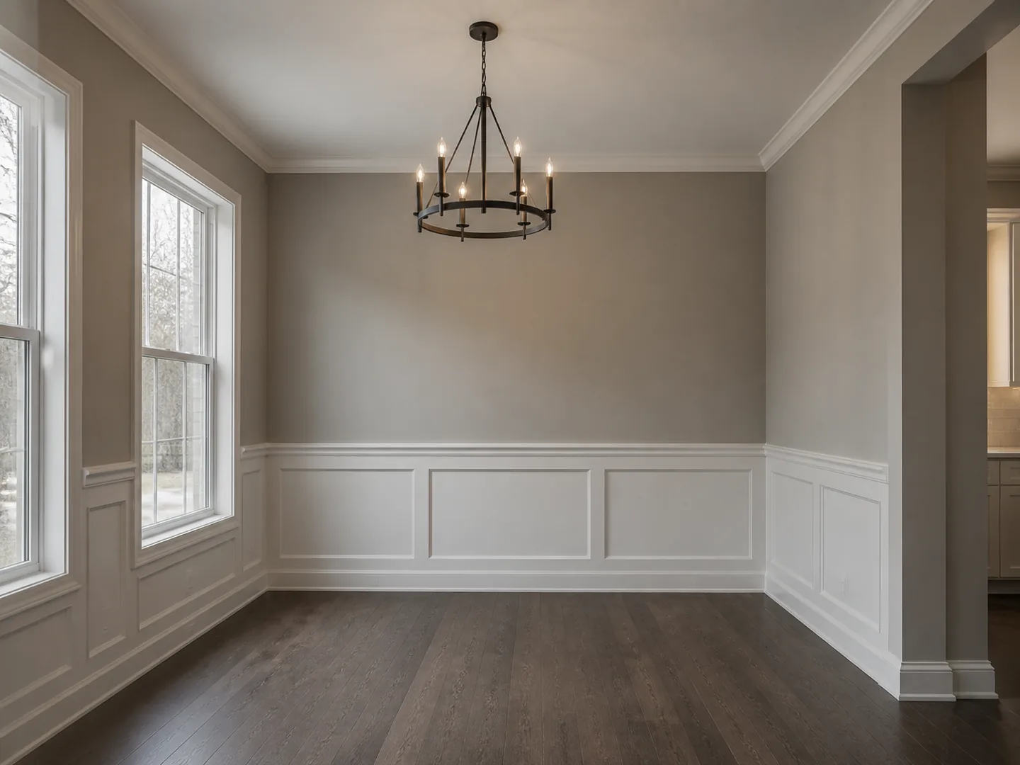 Finished interior with warm greige walls and crisp white trim.